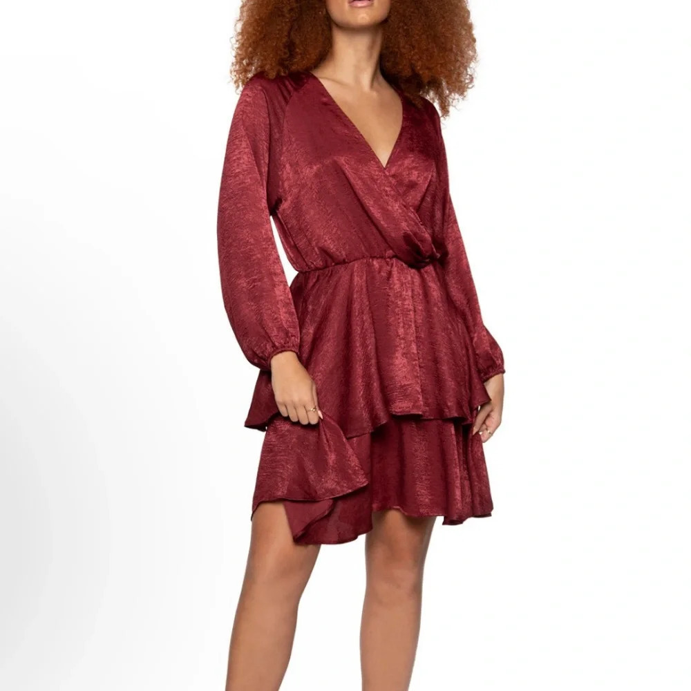 NWT Black Tape Chiffon Layered Faux Wrap Dress Sangria Burgundy Size XS